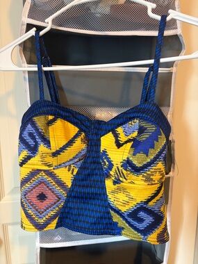 Blue and Yellow Tribal Print Cropped Bustier Top